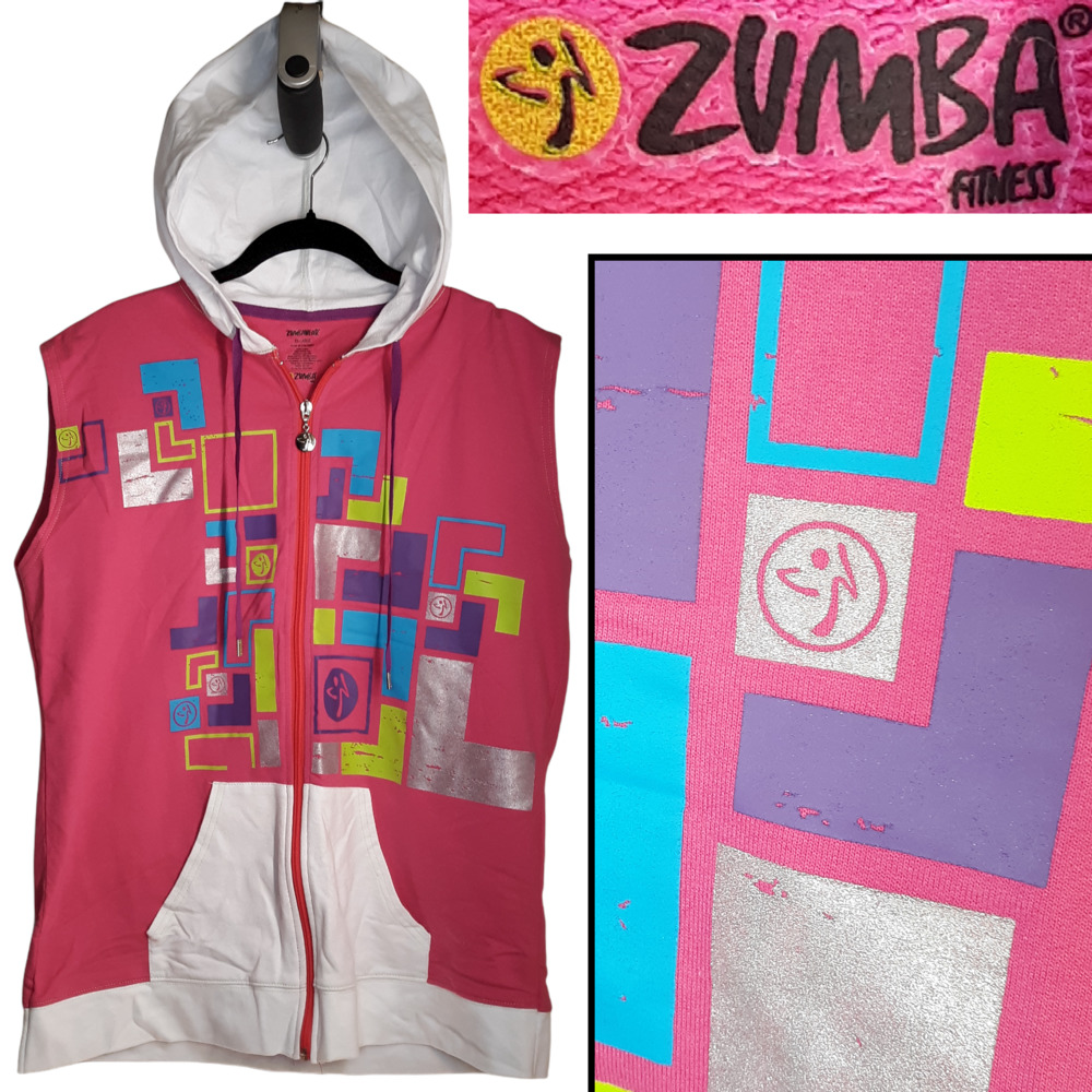 Zumba Fitness Pink Sleeveless Zip Hoodie with White Hood & Pocket Trim
